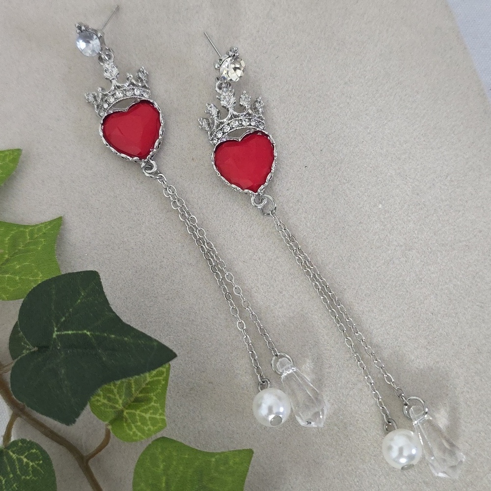 Statement Silver Red Heart Charm with Crown and Chain Danle Earrings